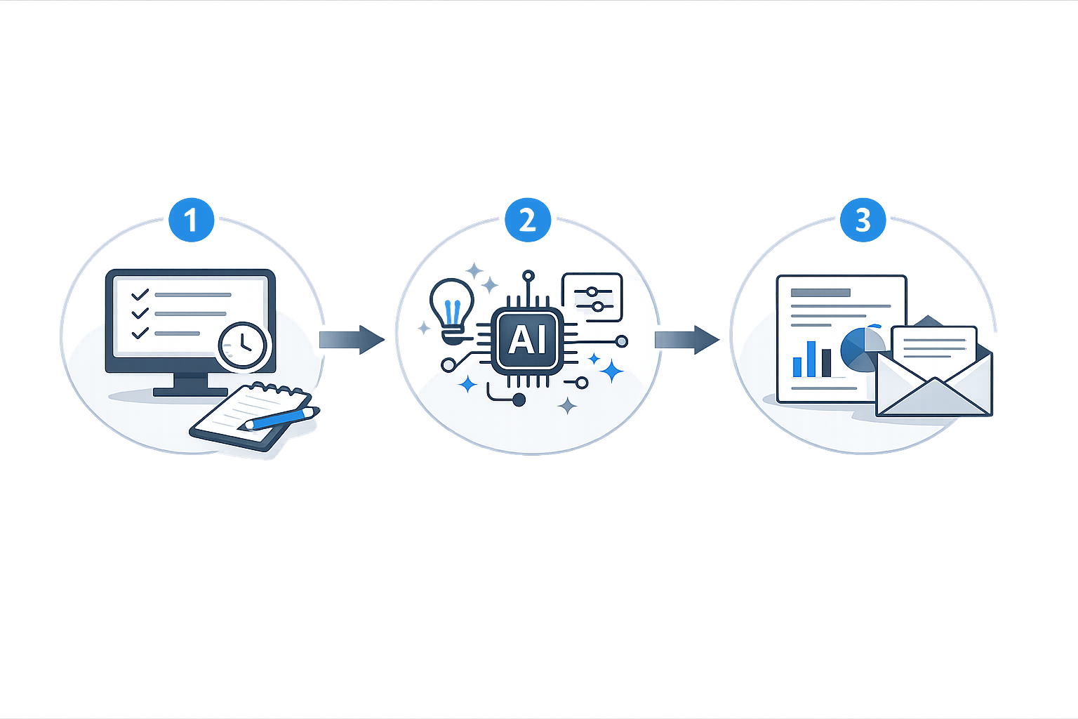 Three-step workflow illustration from logging to AI to reporting