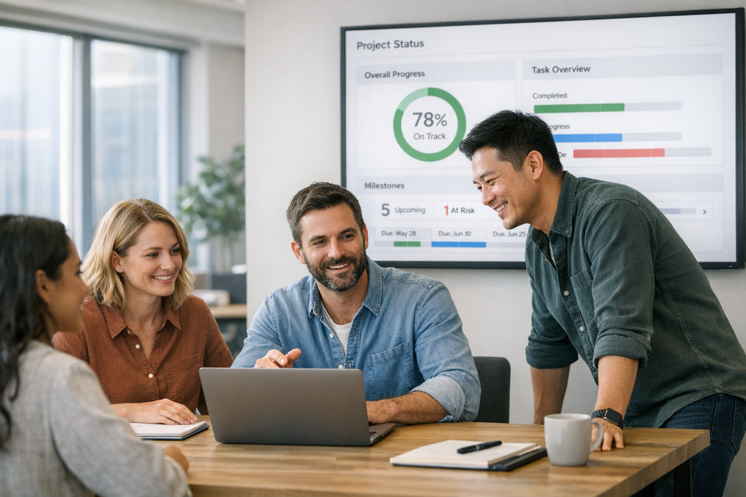 Software team reviewing status dashboard